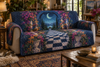 Moon Garden Gate Studio Sofa Cover with flat printed optical 3D teal crescent, cobalt floral gate and receding mosaic path