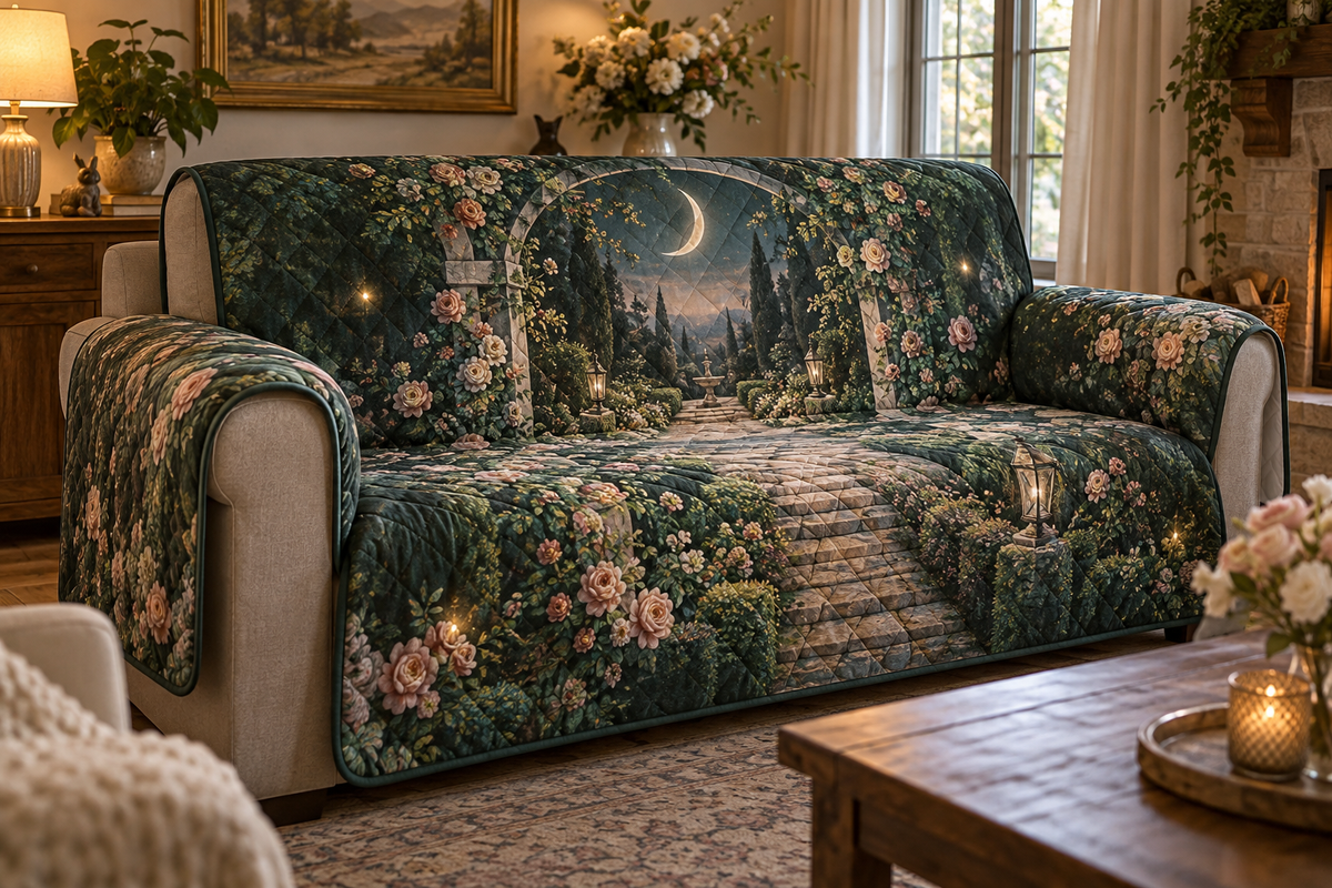 Moon Garden Gate Host Gift Sofa Cover with flat printed optical 3D champagne crescent, emerald floral gate and receding garden path