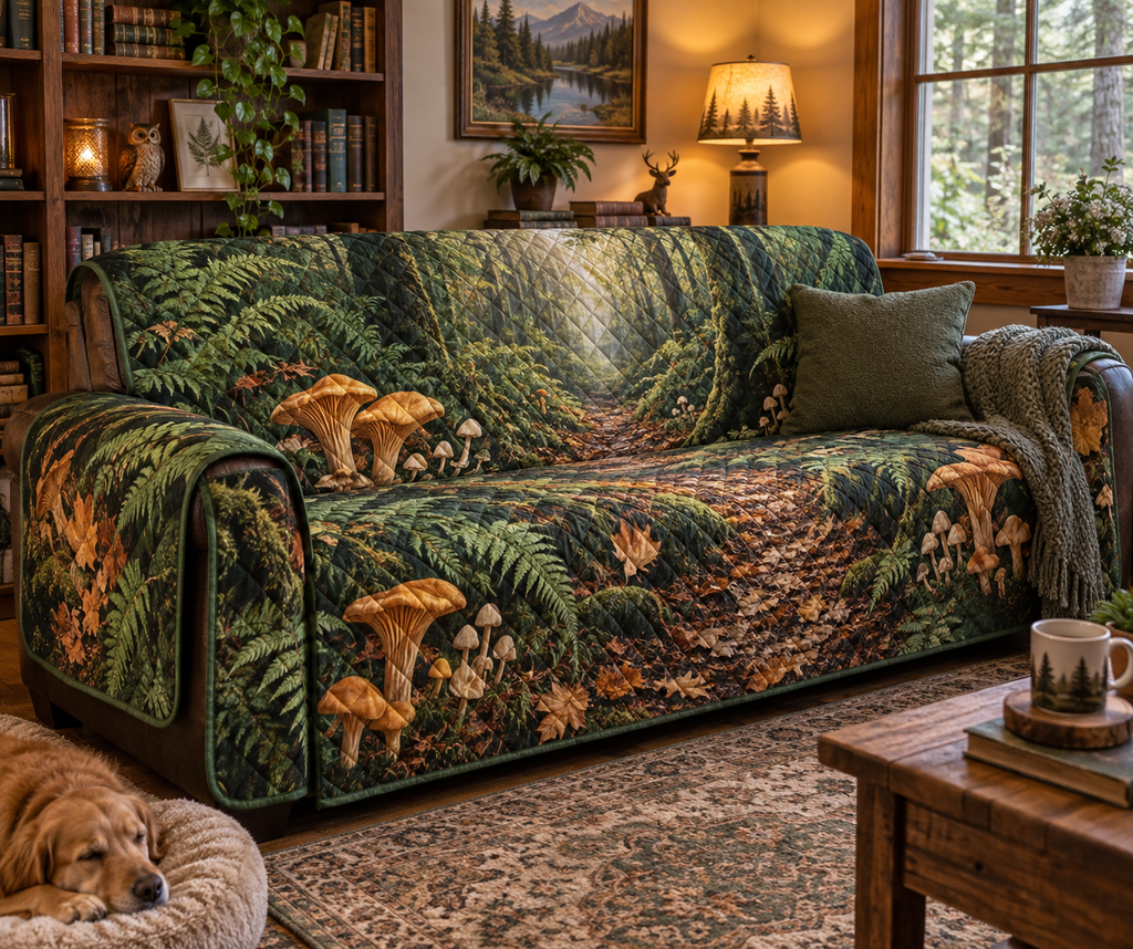 Woodland Mushroom Reading Nook Sofa Cover with flat printed optical 3D woodland mushrooms, ferns and receding forest path