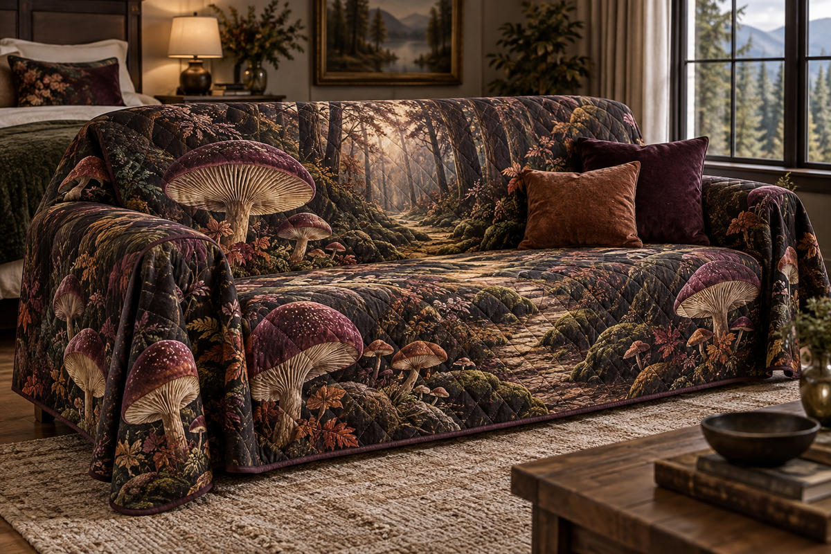 Woodland Mushroom Bedroom Sofa Cover with flat printed optical 3D burgundy mushrooms, dark ferns and receding forest path