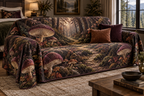 Woodland Mushroom Bedroom Sofa Cover with flat printed optical 3D burgundy mushrooms, dark ferns and receding forest path
