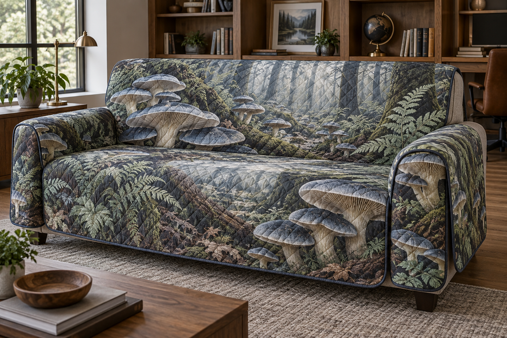 Woodland Mushroom Office Sofa Cover with flat printed optical 3D smoky-blue oyster mushrooms, sage ferns and forest path