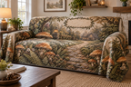 Woodland Mushroom Housewarming Sofa Cover with flat printed optical 3D honey mushrooms, sage ferns and cottage path; customer family name added after ordering