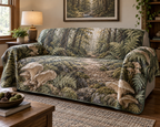 Woodland Mushroom Quiet Corner Sofa Cover with flat printed optical 3D ivory morels, sage ferns and misty forest path