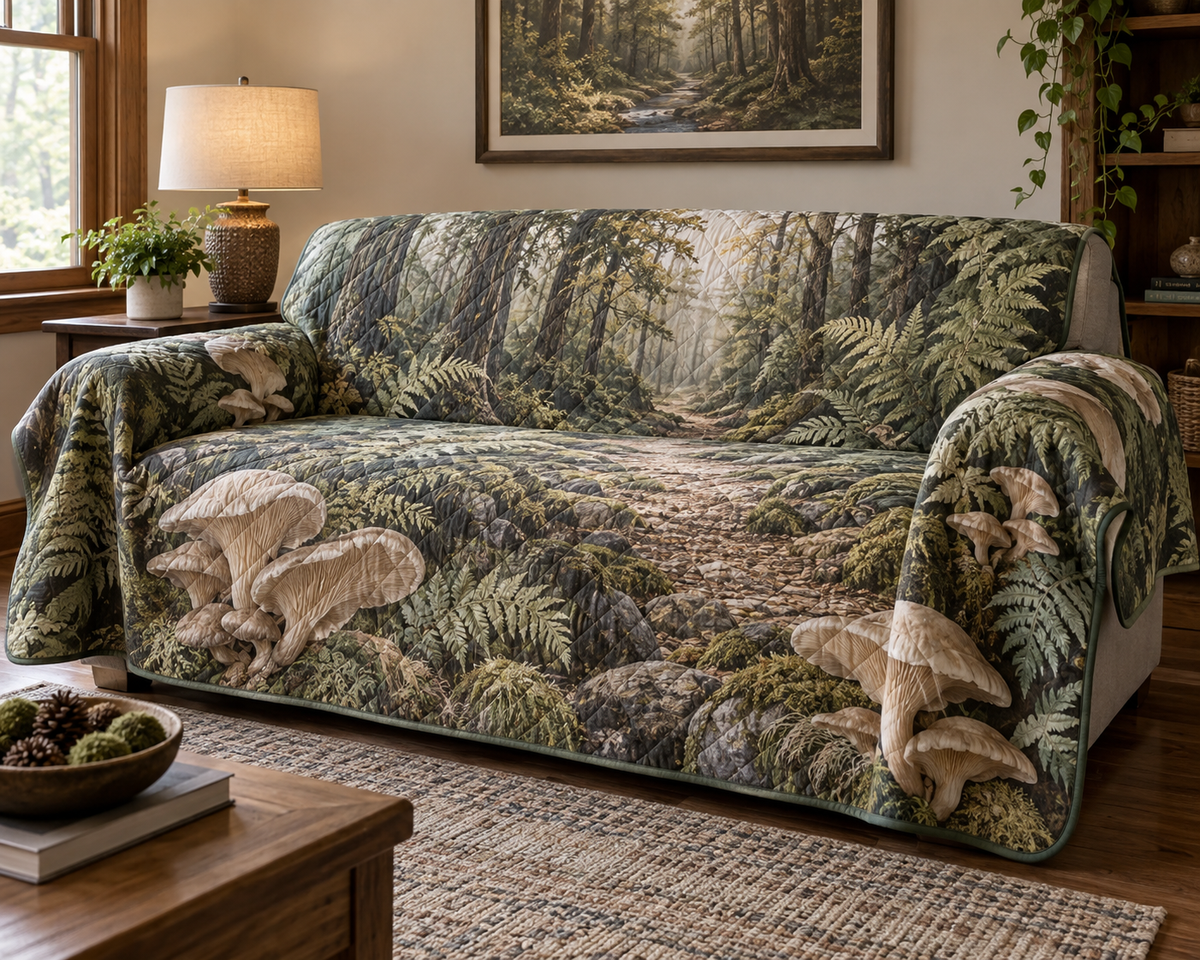 Woodland Mushroom Quiet Corner Sofa Cover with flat printed optical 3D ivory morels, sage ferns and misty forest path