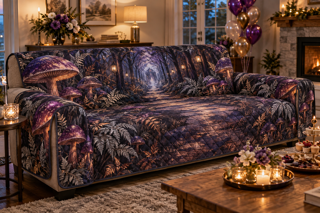 Woodland Mushroom Birthday Sofa Cover with flat printed optical 3D violet and copper mushrooms, teal ferns and forest path