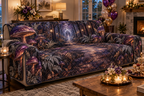 Woodland Mushroom Birthday Sofa Cover with flat printed optical 3D violet and copper mushrooms, teal ferns and forest path