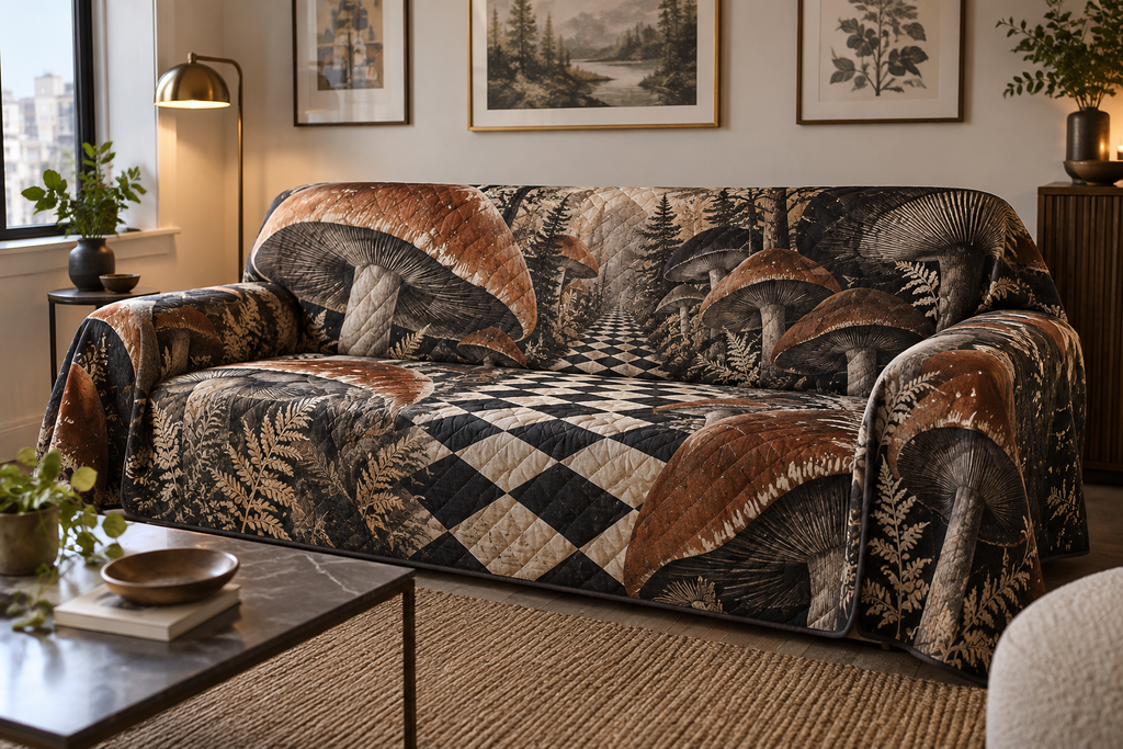 Woodland Mushroom Gallery Sofa Cover with flat printed optical 3D terracotta mushrooms, charcoal ferns and geometric forest path