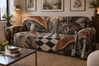 Woodland Mushroom Gallery Sofa Cover with flat printed optical 3D terracotta mushrooms, charcoal ferns and geometric forest path