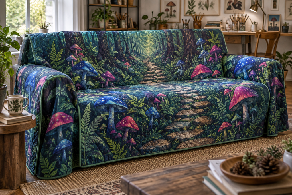 Woodland Mushroom Studio Sofa Cover with flat printed optical 3D cobalt and coral mushrooms, teal ferns and mosaic forest path