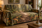 Woodland Mushroom Host Gift Sofa Cover with flat printed optical 3D golden mushrooms, sage ferns and sunlit forest path