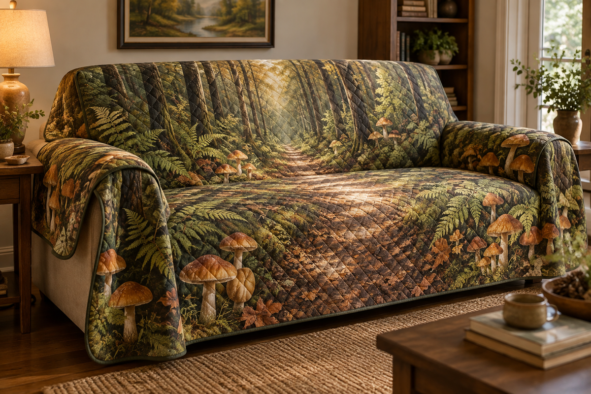 Woodland Mushroom Host Gift Sofa Cover with flat printed optical 3D golden mushrooms, sage ferns and sunlit forest path