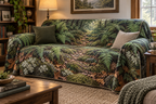 Fern Forest Floor Reading Nook Sofa Cover with flat printed optical 3D emerald ferns, copper leaves and receding moss trail