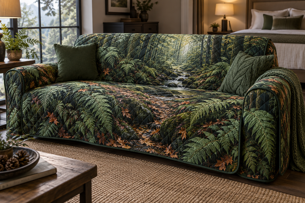 Fern Forest Floor Bedroom Sofa Cover with flat printed optical 3D deep emerald ferns, copper leaves and mossy forest trail