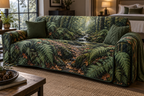 Fern Forest Floor Bedroom Sofa Cover with flat printed optical 3D deep emerald ferns, copper leaves and mossy forest trail