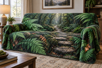 Fern Forest Floor Living Room Sofa Cover with flat printed optical 3D luminous emerald fern spiral, copper leaves and stepping-stone path