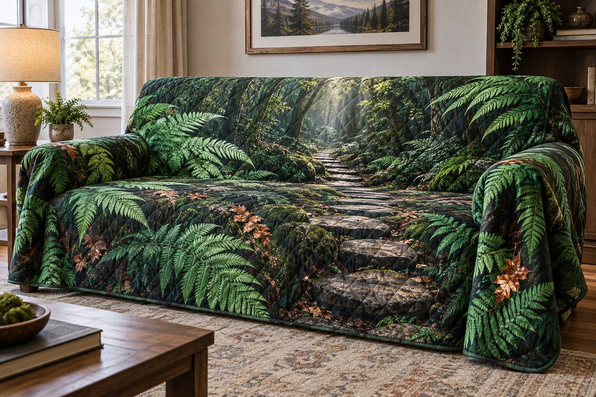 Fern Forest Floor Living Room Sofa Cover with flat printed optical 3D luminous emerald fern spiral, copper leaves and stepping-stone path