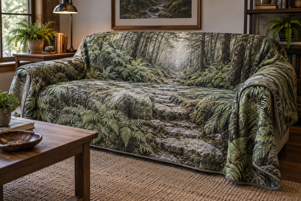 Fern Forest Floor Office Sofa Cover with flat printed optical 3D smoky sage ferns, lichen stones and receding woodland trail
