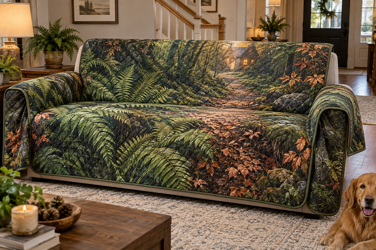Fern Forest Floor Housewarming Sofa Cover with flat printed optical 3D emerald ferns, copper leaves and homeward path; customer family name added after ordering