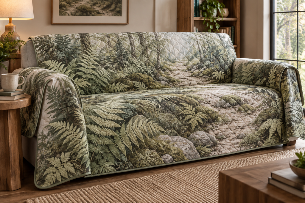 Fern Forest Floor Quiet Corner Sofa Cover with flat printed optical 3D pale sage maidenhair ferns, ivory pebbles and misty forest path
