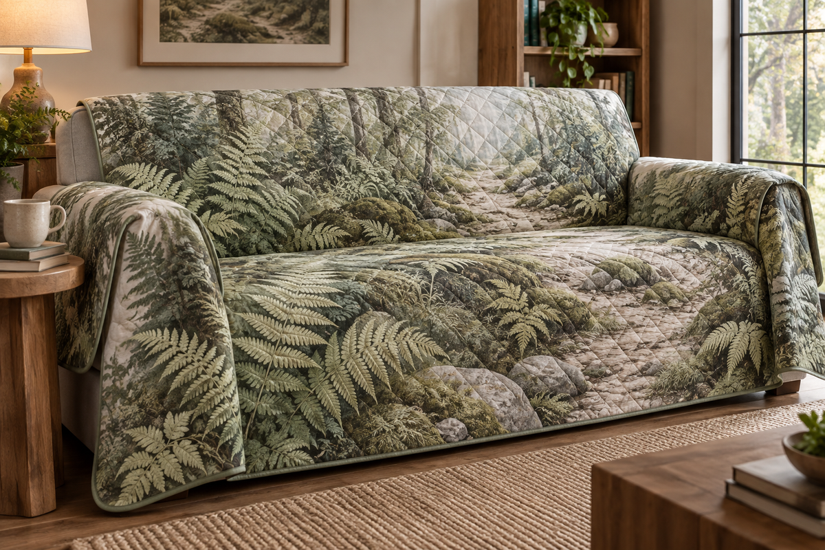 Fern Forest Floor Quiet Corner Sofa Cover with flat printed optical 3D pale sage maidenhair ferns, ivory pebbles and misty forest path