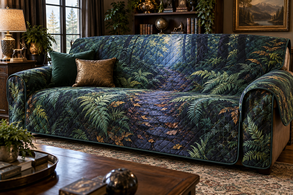 Fern Forest Floor Birthday Sofa Cover with flat printed optical 3D copper-gold ferns, teal moss and violet forest path