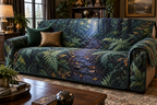Fern Forest Floor Birthday Sofa Cover with flat printed optical 3D copper-gold ferns, teal moss and violet forest path
