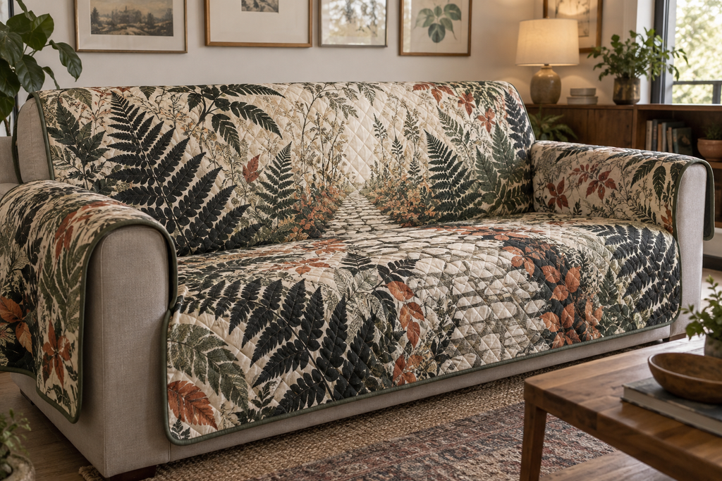 Fern Forest Floor Gallery Sofa Cover with flat printed optical 3D charcoal ferns, terracotta leaves and geometric woodland path