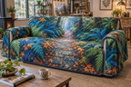 Fern Forest Floor Studio Sofa Cover with flat printed optical 3D turquoise fern spirals, coral leaves and mosaic woodland path