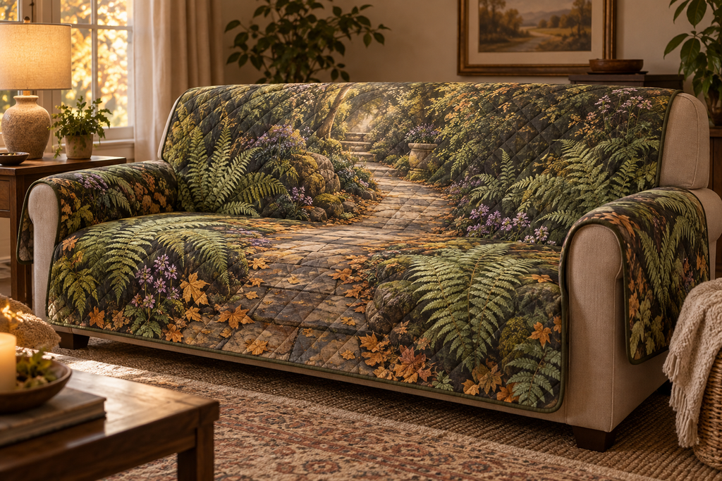Fern Forest Host Gift Sofa Cover with flat printed optical 3D emerald ferns, amber leaves and woodland trail