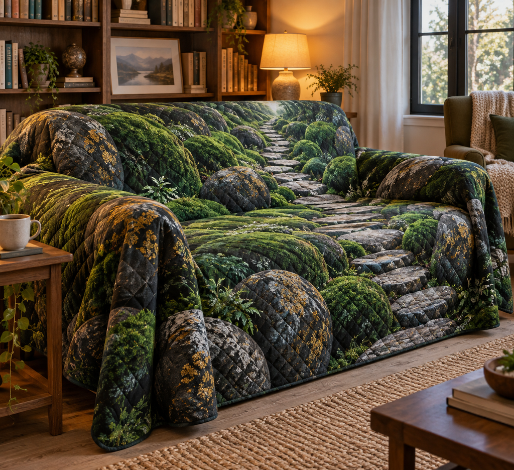 Moss and Stones Nook Sofa Cover with flat printed optical 3D green moss, river stones and winding path