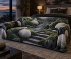Moss and Stones Bedroom Sofa Cover with flat printed optical 3D jade moss, travertine stones and geometric path