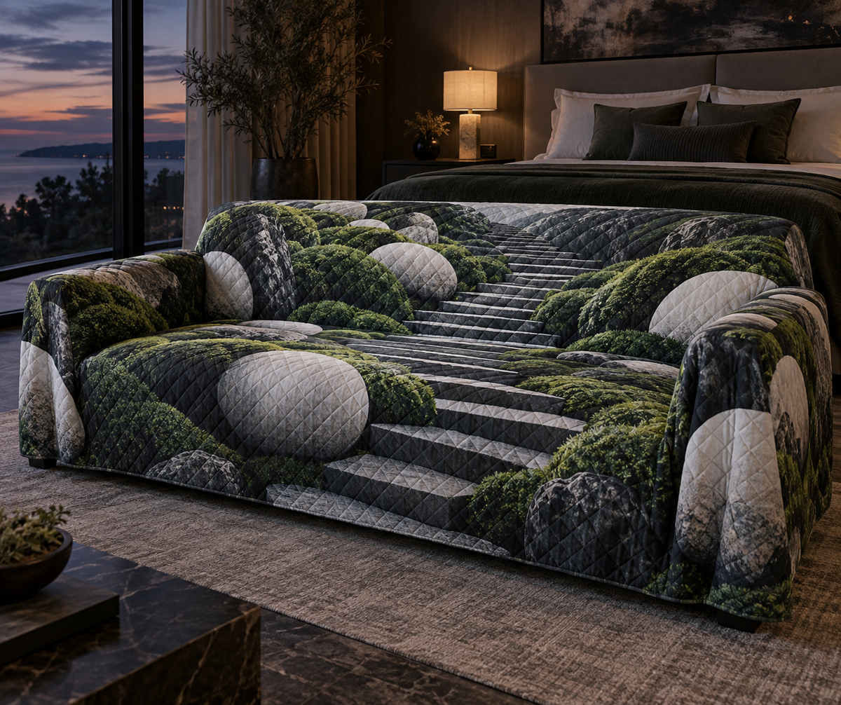 Moss and Stones Bedroom Sofa Cover with flat printed optical 3D jade moss, travertine stones and geometric path