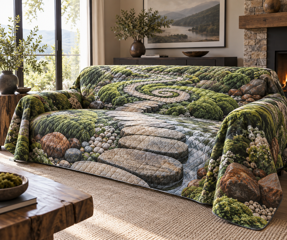 Moss and Stones Living Room Sofa Cover with flat printed optical 3D malachite moss, sandstone and receding riverbed