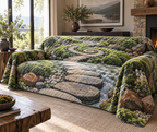 Moss and Stones Living Room Sofa Cover with flat printed optical 3D malachite moss, sandstone and receding riverbed