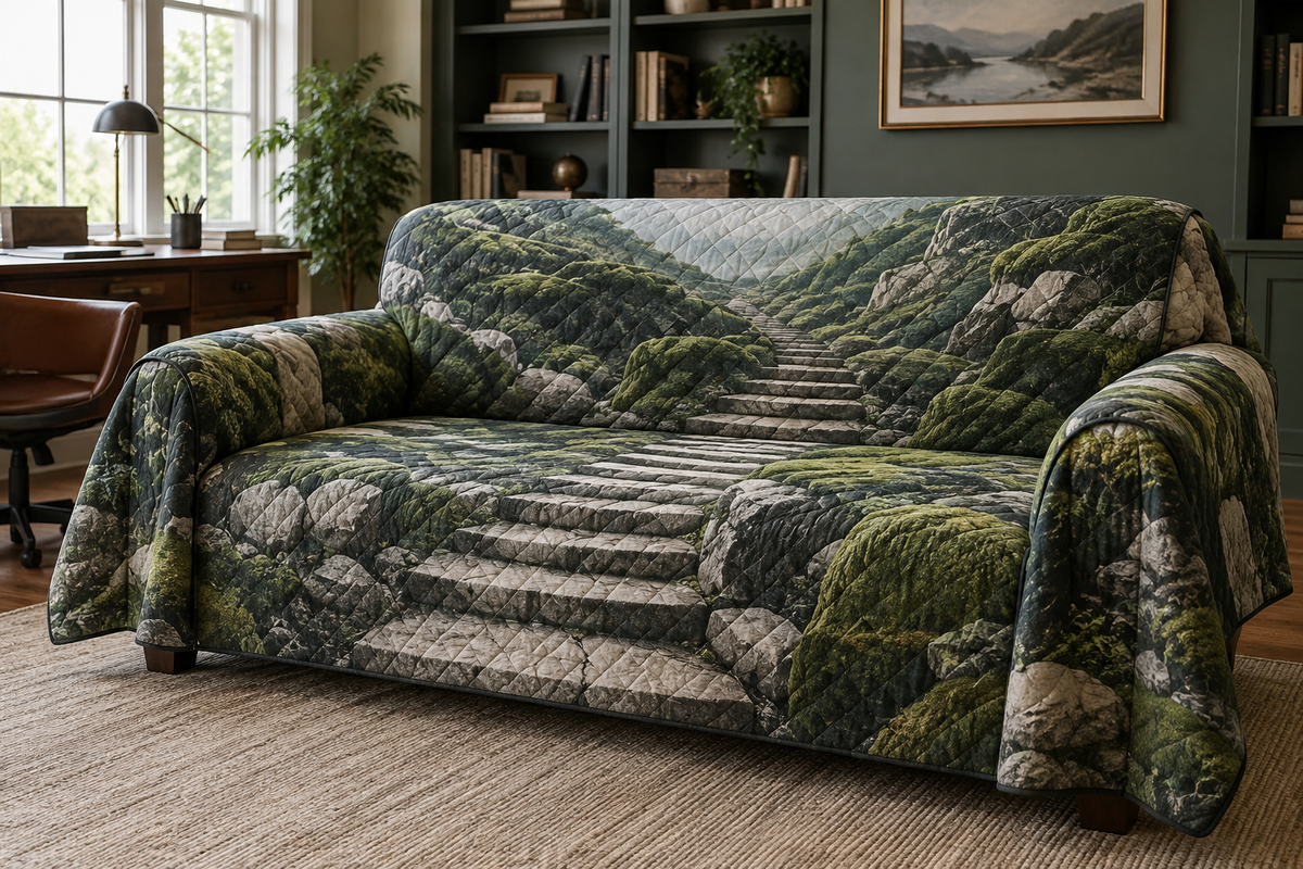 Moss and Stones Office Sofa Cover with flat printed optical 3D blue-green moss, gray river stones and flagstone path
