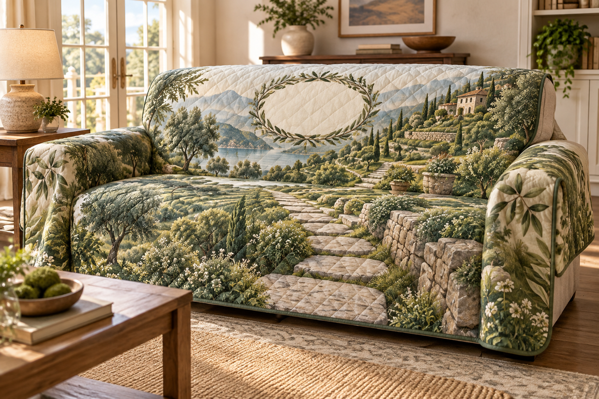 Moss and Stones Housewarming Sofa Cover with flat printed optical 3D green moss, river stones and homeward path; customer family name added after ordering