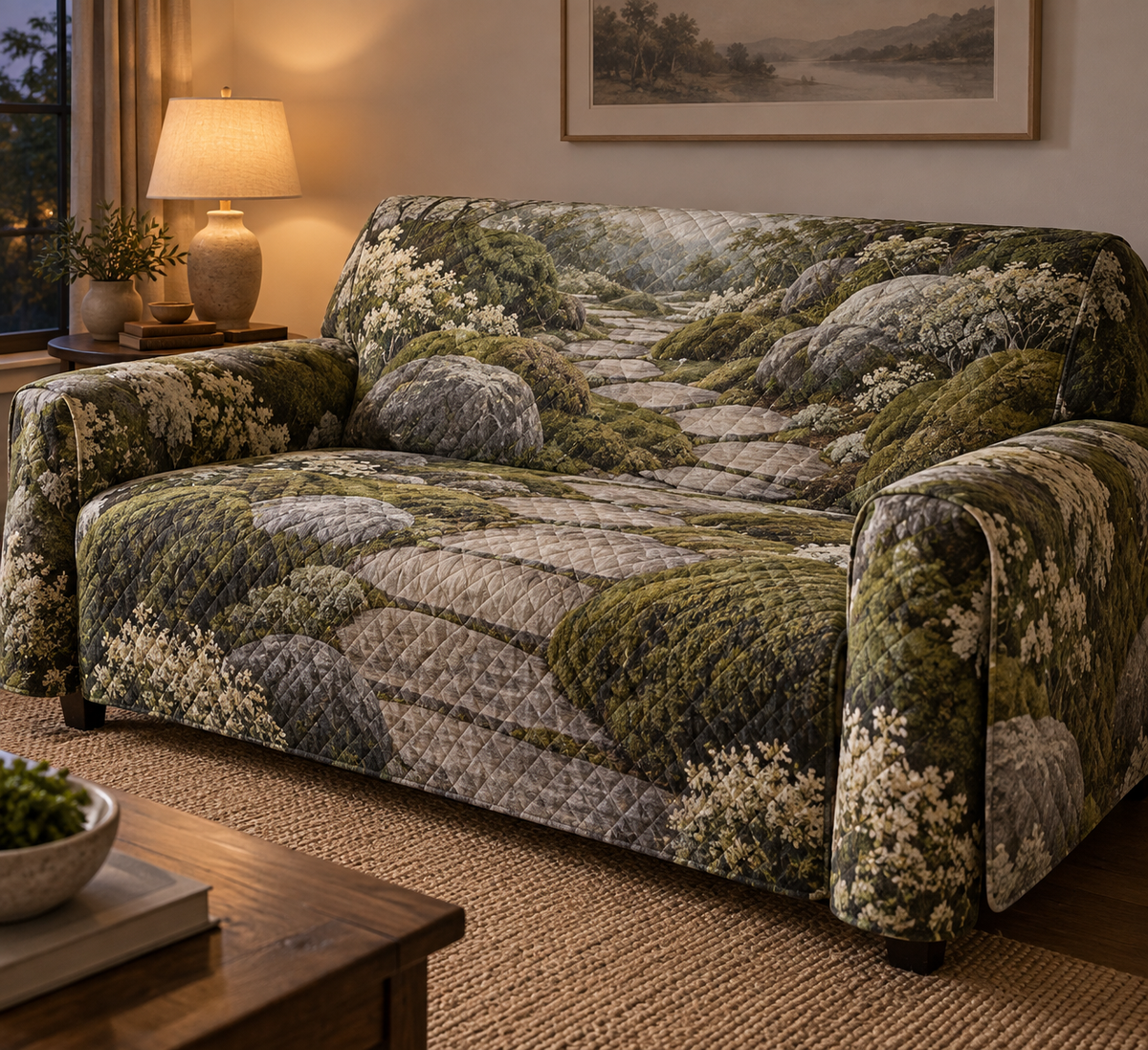 Moss and Stones Quiet Corner Sofa Cover with flat printed optical 3D sage moss, pale pebbles and gentle flagstone path