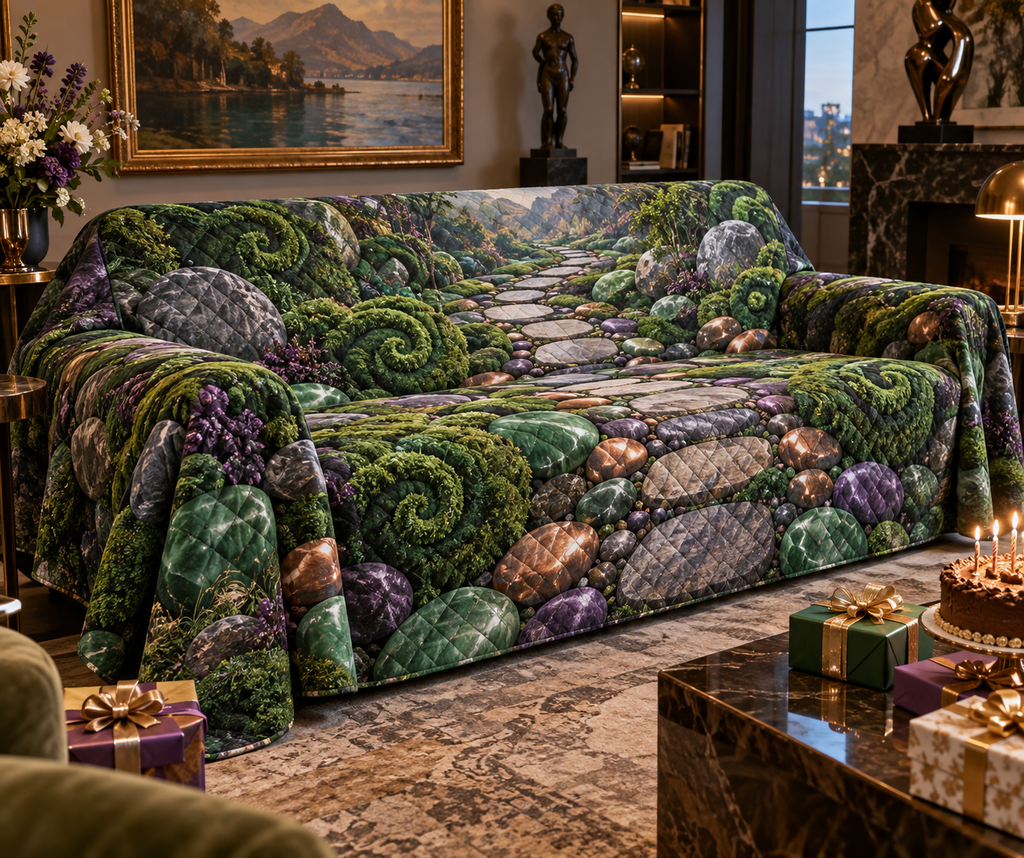 Moss and Stones Collector Sofa Cover with flat printed optical 3D jewel-toned moss, polished stones and gallery path