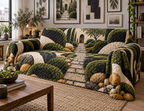 Moss and Stones Gallery Sofa Cover with flat printed optical 3D charcoal moss, pale stones and courtyard path