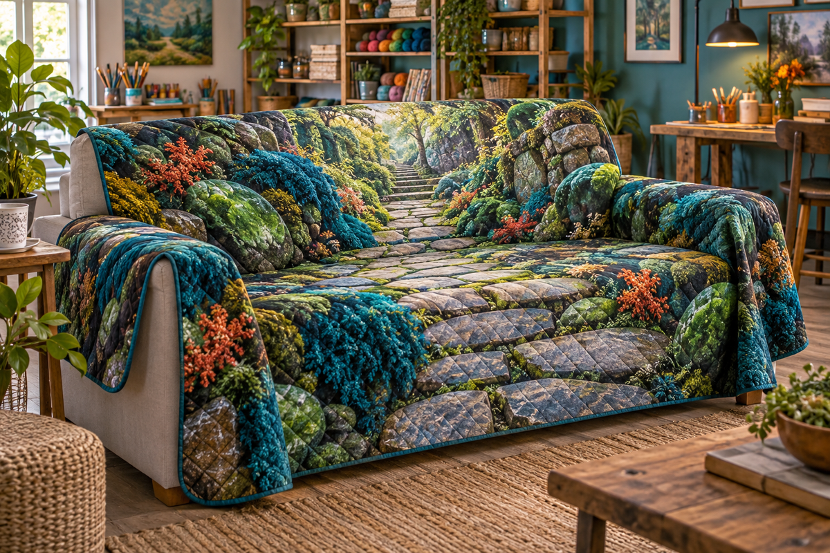 Moss and Stones Studio Sofa Cover with flat printed optical 3D teal moss, cobalt stones and mosaic path