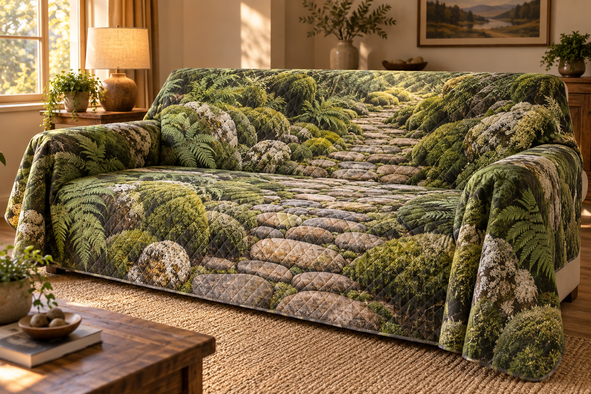 Moss and Stones Host Gift Sofa Cover with flat printed optical 3D forest moss, honey stones and homeward path