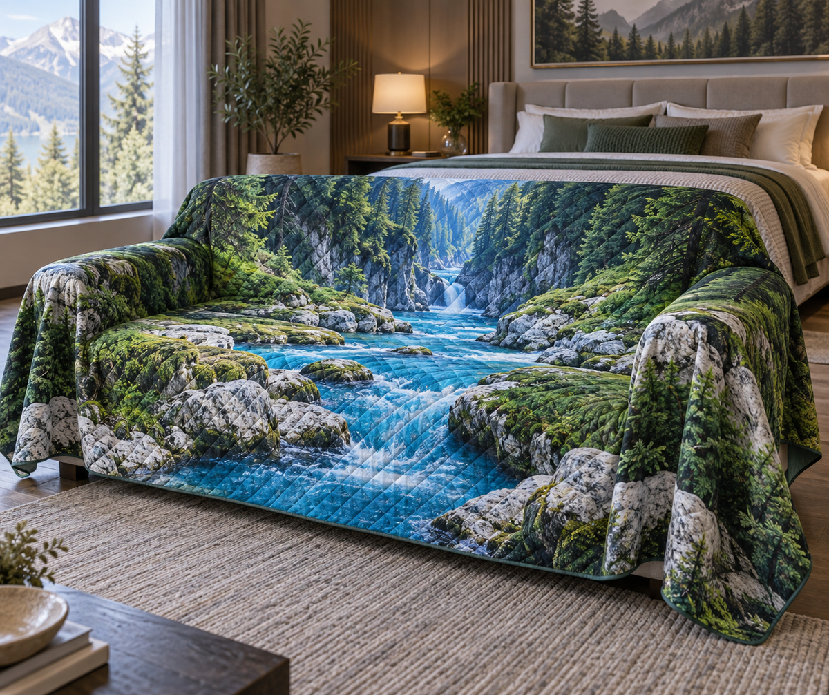 Forest Stream Bedroom Sofa Cover with flat printed optical 3D cobalt forest stream, emerald rocks and plunging creekbed