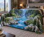 Forest Stream Bedroom Sofa Cover with flat printed optical 3D cobalt forest stream, emerald rocks and plunging creekbed