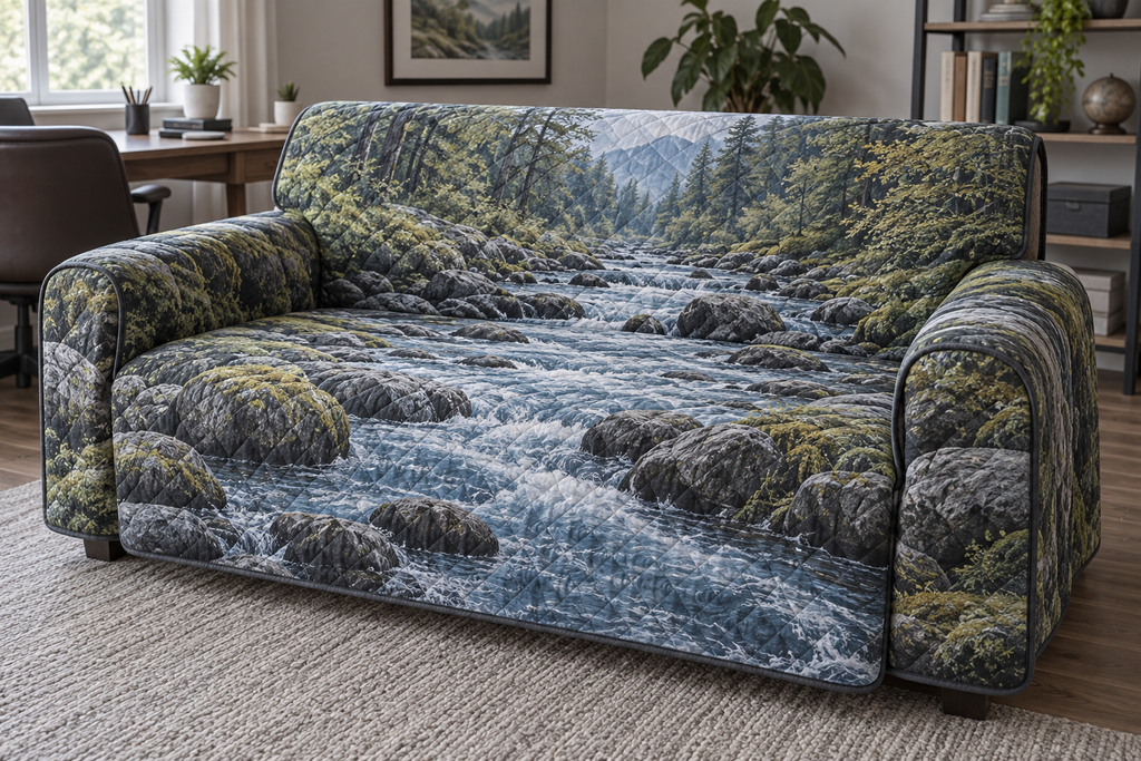 Forest Stream Office Sofa Cover with flat printed optical 3D teal forest stream, slate stones and sage banks