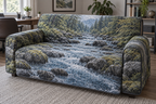 Forest Stream Office Sofa Cover with flat printed optical 3D teal forest stream, slate stones and sage banks