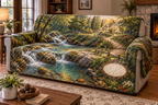 Forest Stream Housewarming Sofa Cover with flat printed optical 3D jade creek, warm stones and homeward path; customer family name added after ordering