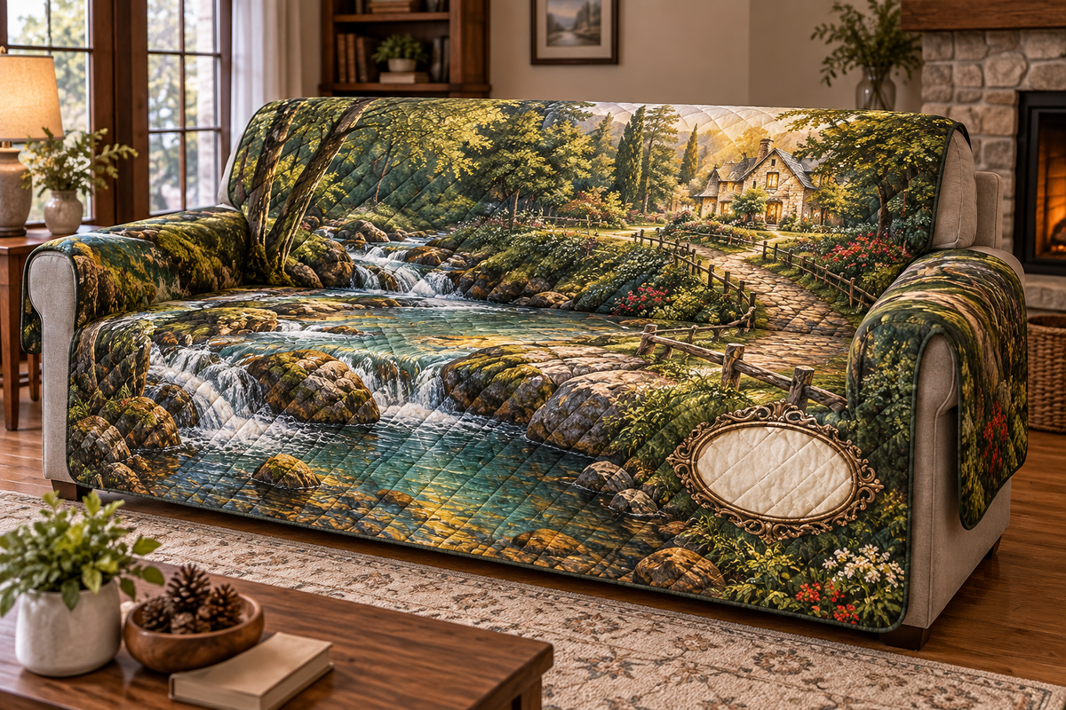 Forest Stream Housewarming Sofa Cover with flat printed optical 3D jade creek, warm stones and homeward path; customer family name added after ordering