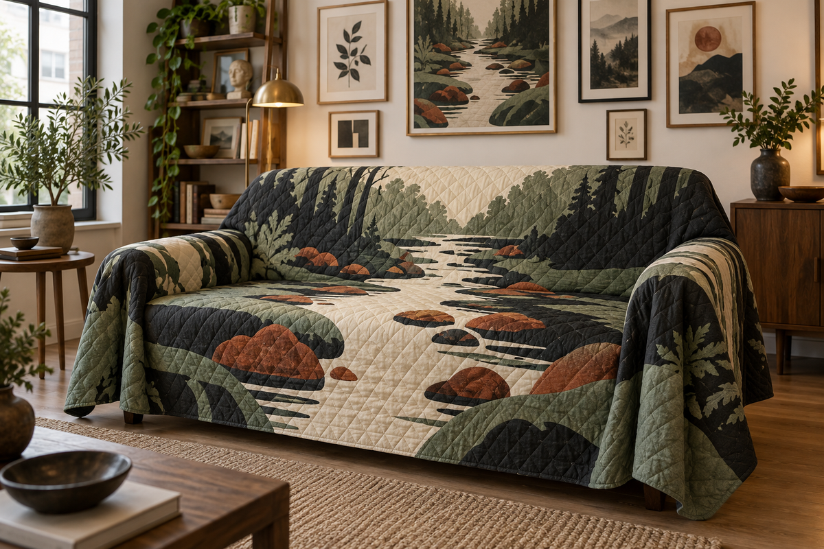 Forest Stream Gallery Sofa Cover with flat printed optical 3D charcoal creek banks, ivory water and terracotta stones