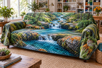 Forest Stream Studio Sofa Cover with flat printed optical 3D turquoise stream, cobalt stones and mosaic creek